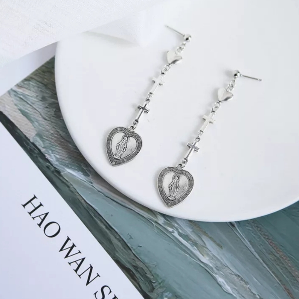 Silver Love Cross Mary Crucifix Rosary Earrings